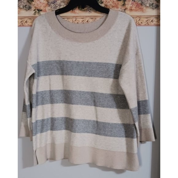 Kinross Cashmere Medium Boho Minimalist Classic Strip Beige Grey Pullover Sweate - Picture 1 of 5